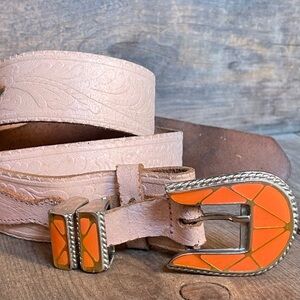Retro Peach Embossed Leather Belt with Orange Enamel Buckle Vintage  Size Sm Med